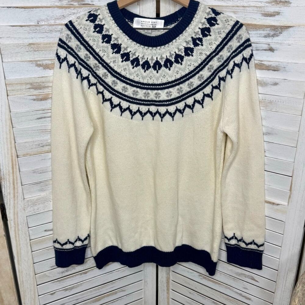 AMOUR VERT Women's XL Whistler Nordic Fair Isle Ribbed Knit Sweater Navy Cream - Picture 13 of 13